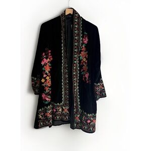 Anu S Black Velvet Open Front Long Line Cardigan Embroidered Art To Wear Rayon
